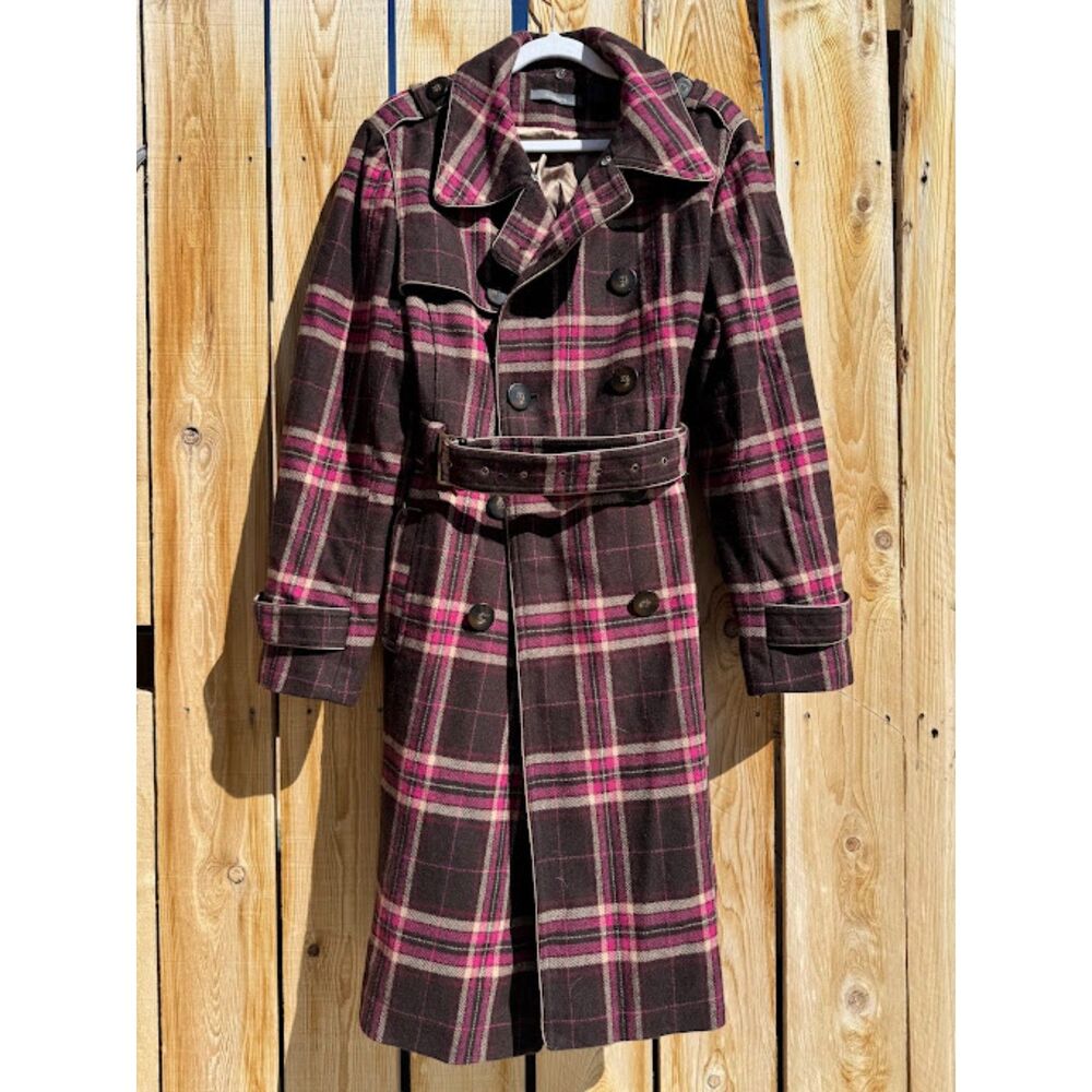 Liz Claiborne Brown Pink Plaid Trench Coat Gold Trim Bratz Monster High Wool XL